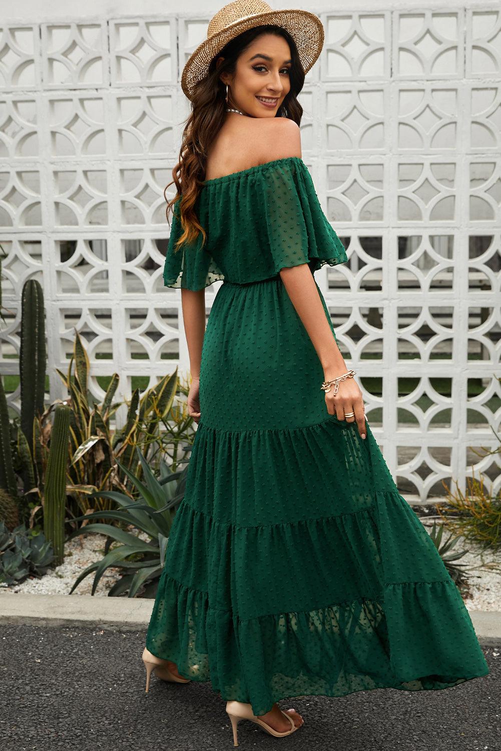 Verde Sunshine Off-Shoulder Swiss Dot Maxi Dress - LA Grand