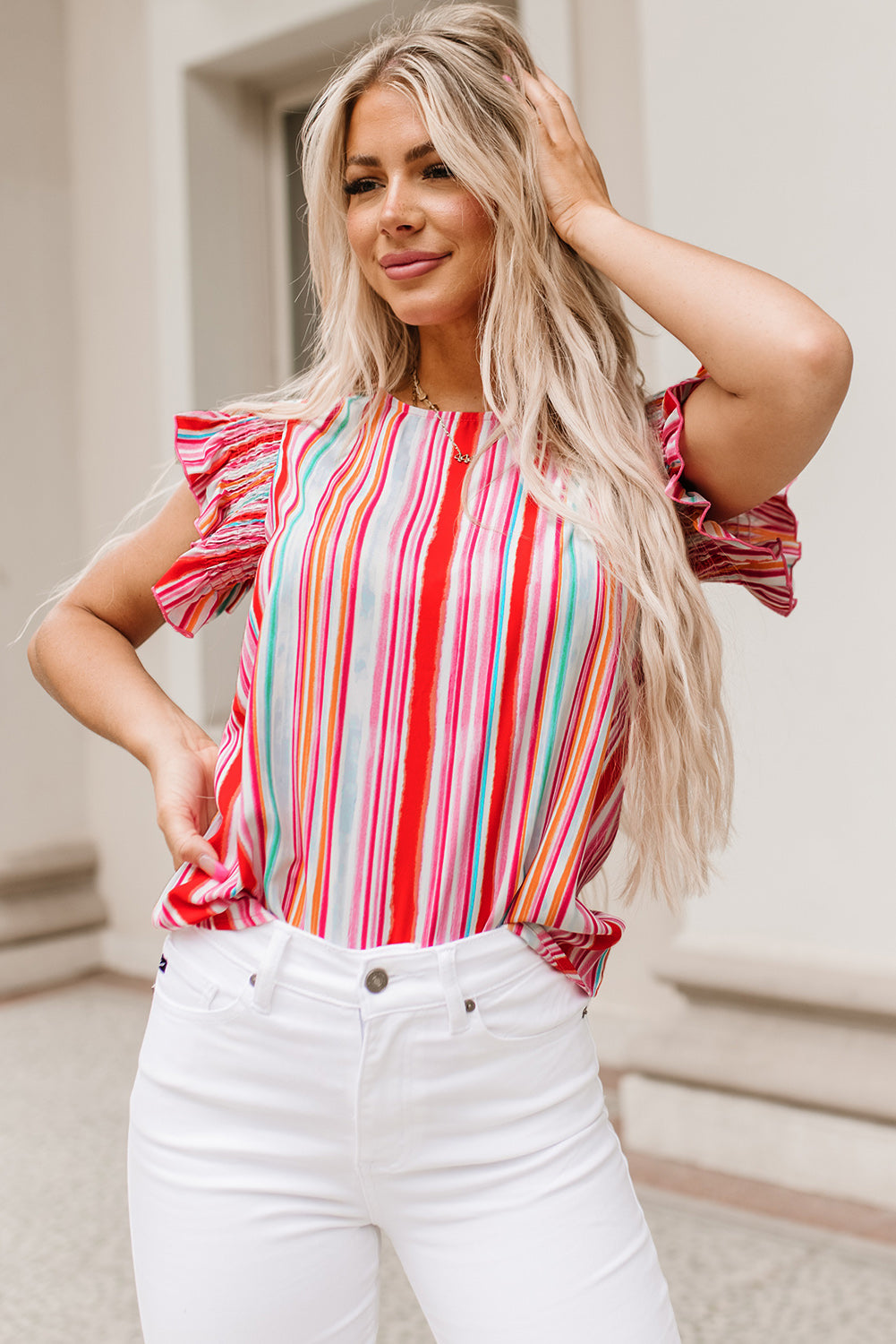 Multicolor Abstract Print Stitching Ruffle Sleeve Blouse - LA Grand