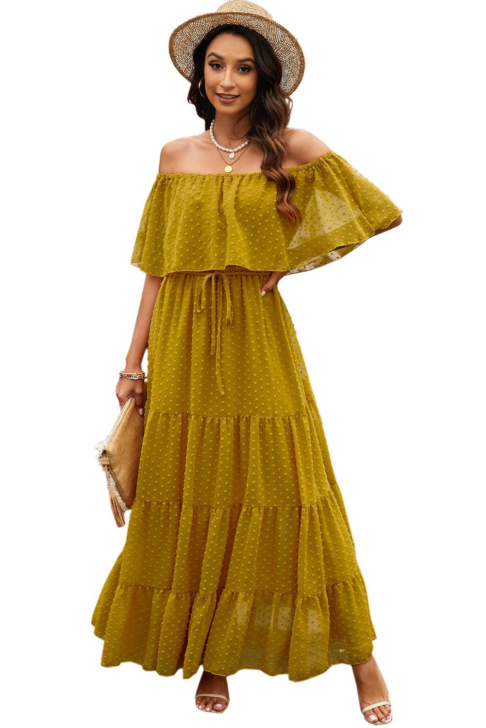 Sky Blue Yellow Yellow Off Shoulder Ruffle Swiss Dot Maxi Dress - LA Grand