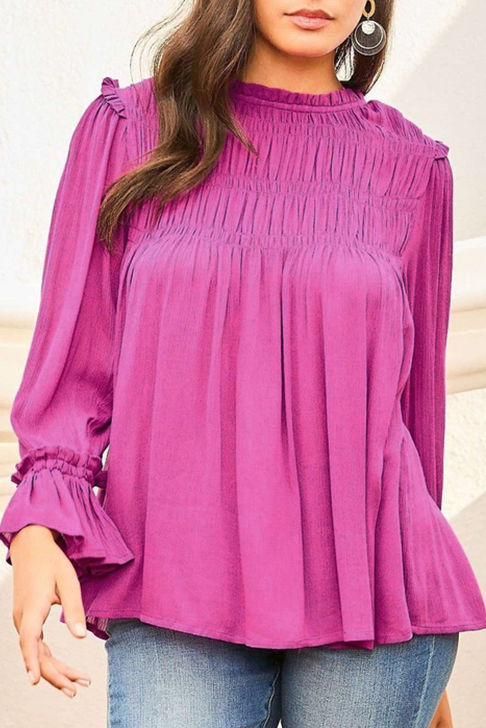 Bright Pink Shirred Button Keyhole Back Flounce Sleeve Blouse - LA Grand