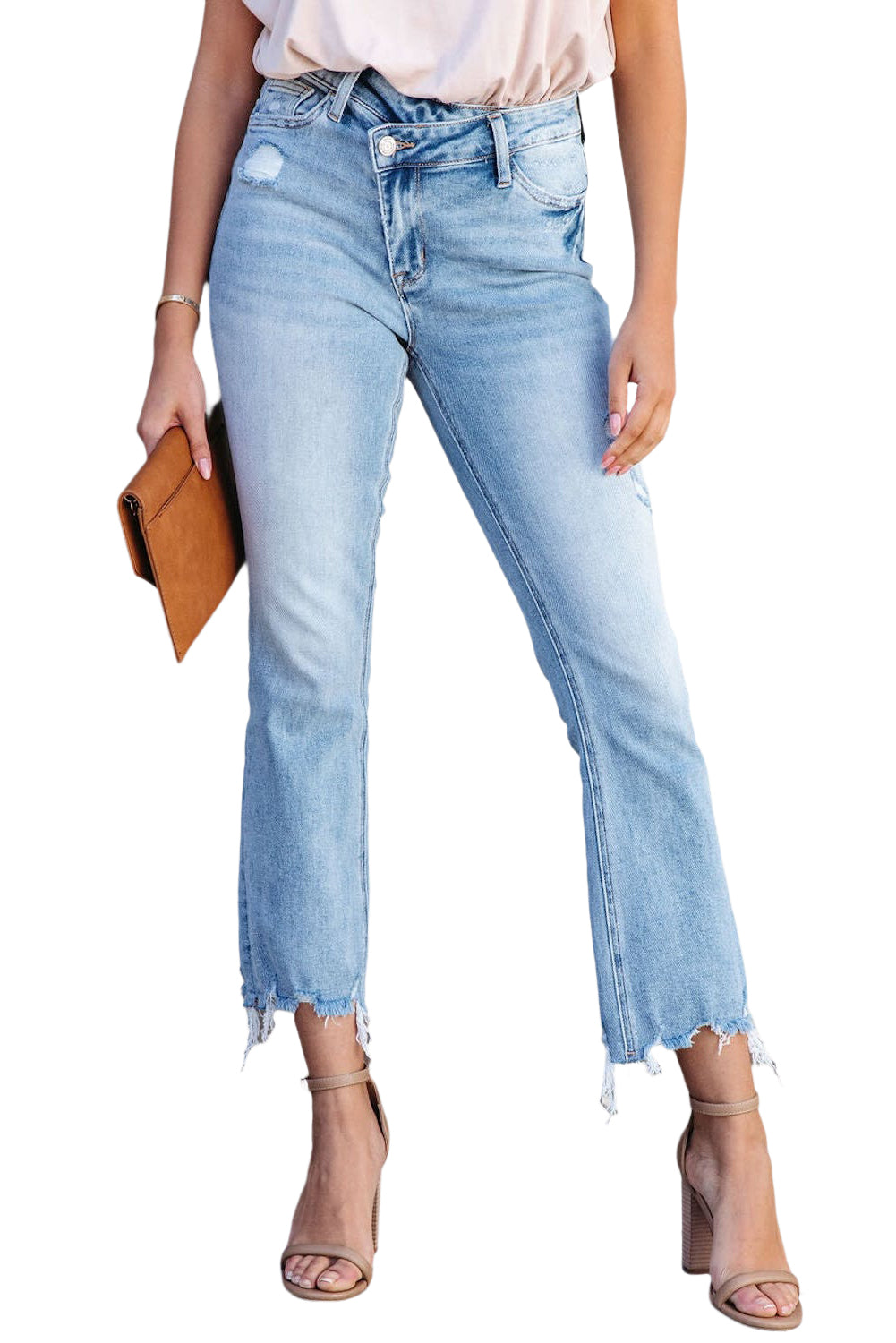 Sky Blue Cross Over Waist Raw Edge Cropped Jeans - LA Grand