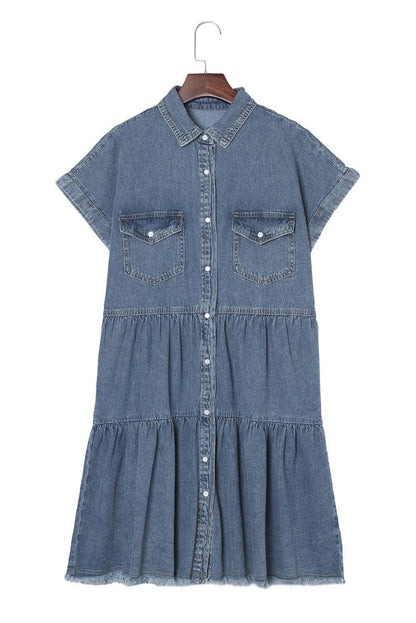 Frayed Pocket Button-Front Denim Mini Dress - LA Grand