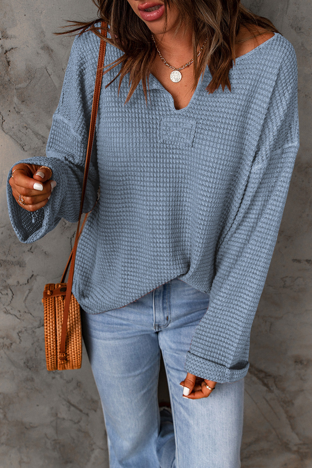 Dusk Blue Waffle Knit Loose Long Sleeve Top - LA Grand