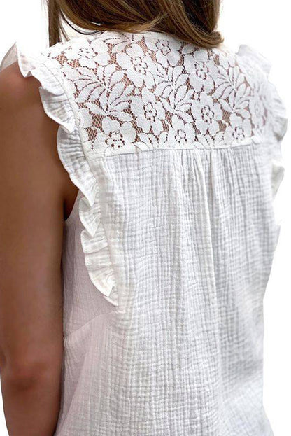 White Floral Lace Crochet Textured Sleeveless Shirt - LA Grand