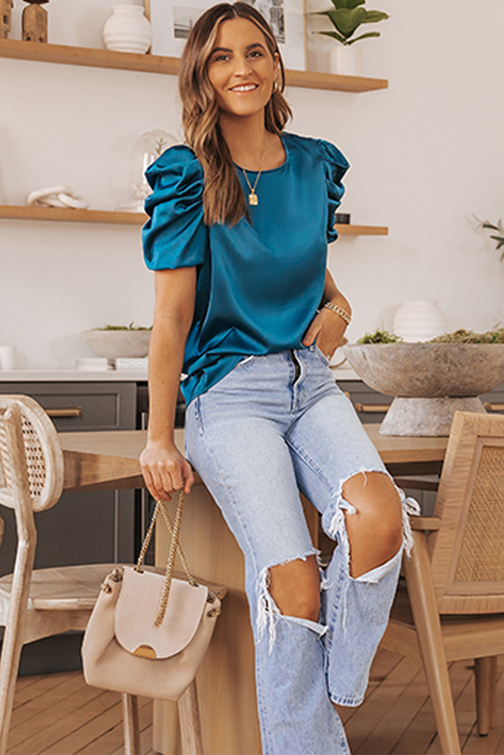 Dark Blue Ruched Puff Short Sleeve Satin Blouse - LA Grand