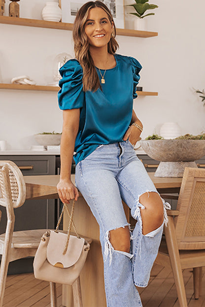 Dark Blue Ruched Puff Short Sleeve Satin Blouse - LA Grand