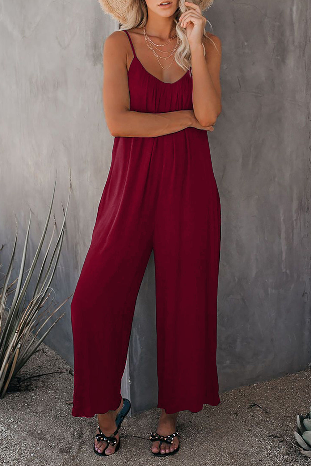 Black Spaghetti Straps Wide Leg Pocketed Jumpsuits - LA Grand