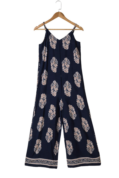 Blue Vintage Printed Spaghetti Strap Wide Leg Jumpsuit - LA Grand