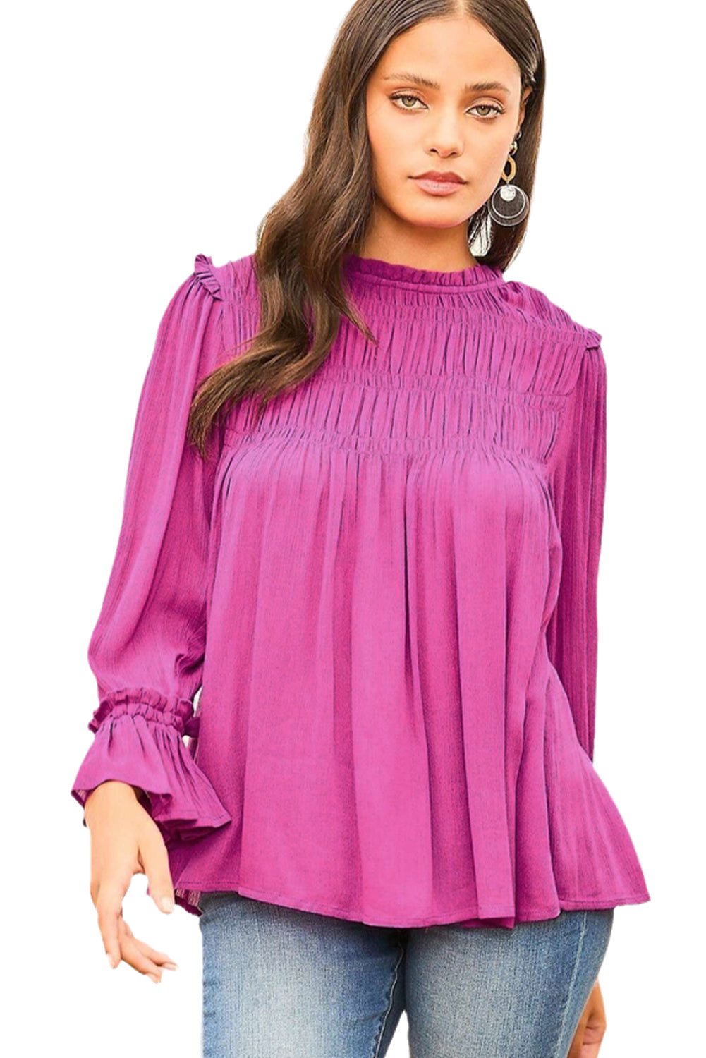 Bright Pink Shirred Button Keyhole Back Flounce Sleeve Blouse - LA Grand