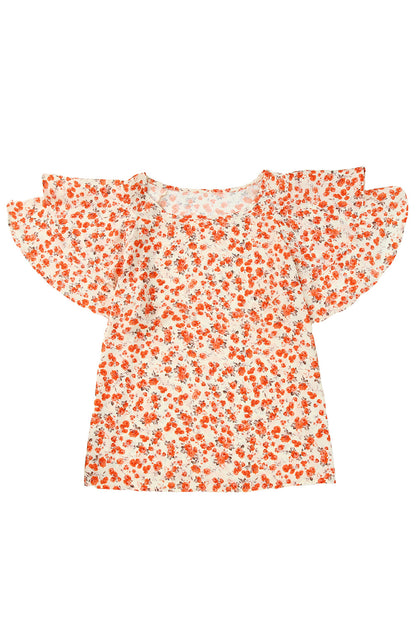 Orange Floral Tiered Flutter Sleeve Blouse - LA Grand