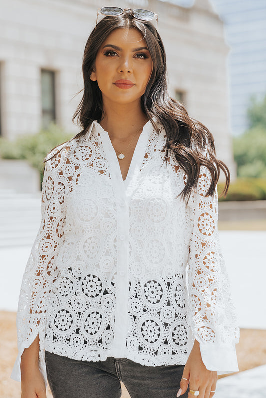 White Crochet Lace Hollow-out Turn-down Collar Shirt - LA Grand