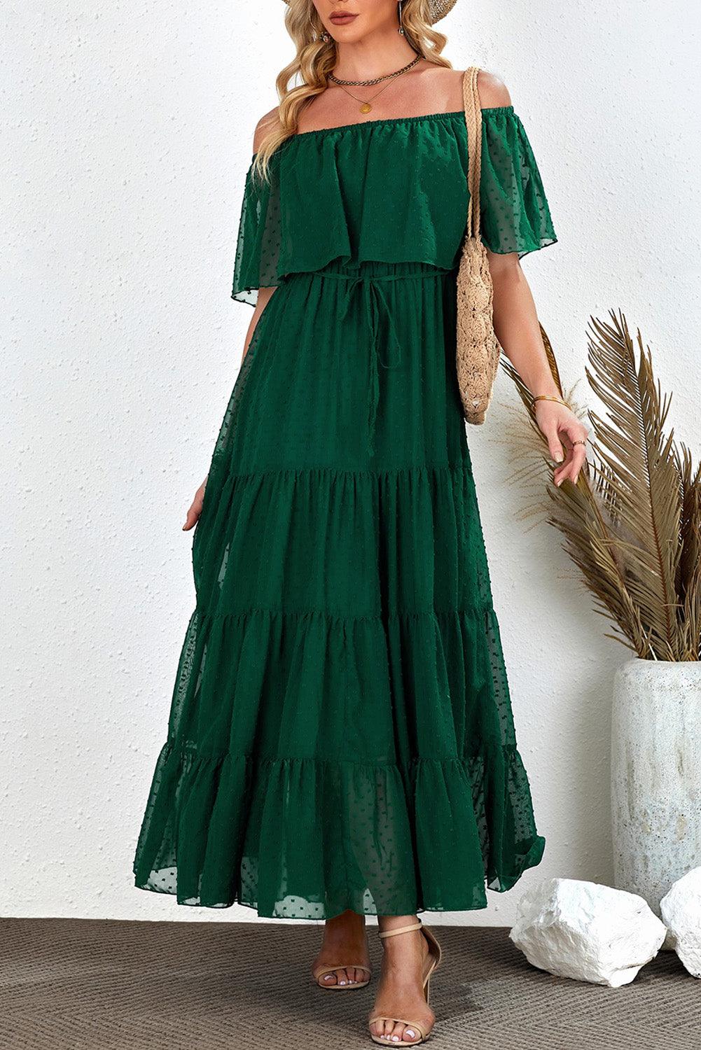 Verde Sunshine Off-Shoulder Swiss Dot Maxi Dress - LA Grand