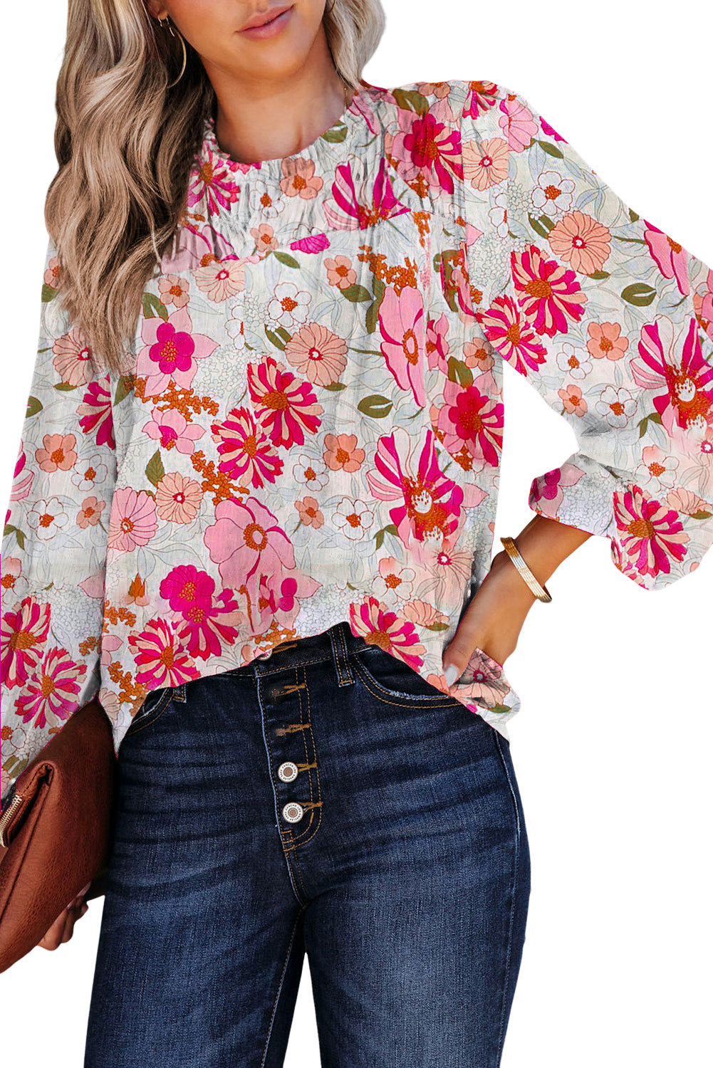 White Floral Frilled Neckline Puff Sleeve Blouse - LA Grand