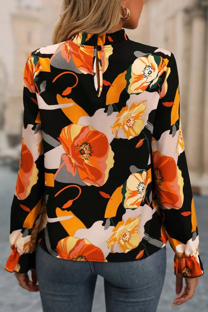 Black Floral Print Mock Neck Blouse - LA Grand