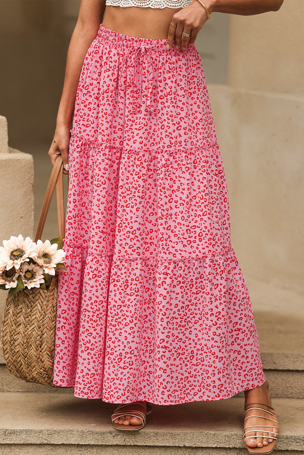 Pink Leopard Print Frilled Drawstring High Waist Maxi Skirt - LA Grand