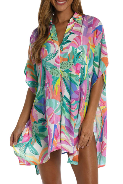 Multicolor Plant Print Button-up Half Sleeve Beach Cover Up - LA Grand