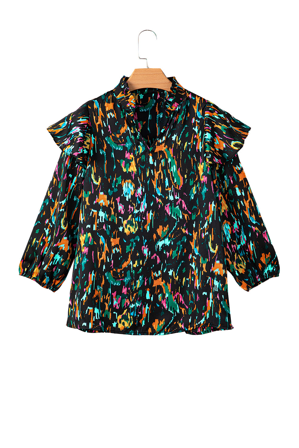 Multicolour Abstract Print 3/4 Puff Sleeve Ruffle Blouse - LA Grand