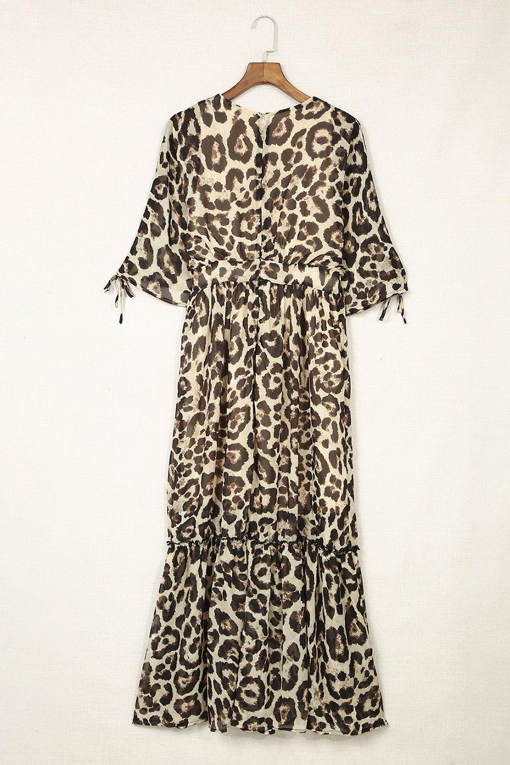 Elite Appeal: Leopard Print Drawstring V-Neck High Waist Long Dress - LA Grand