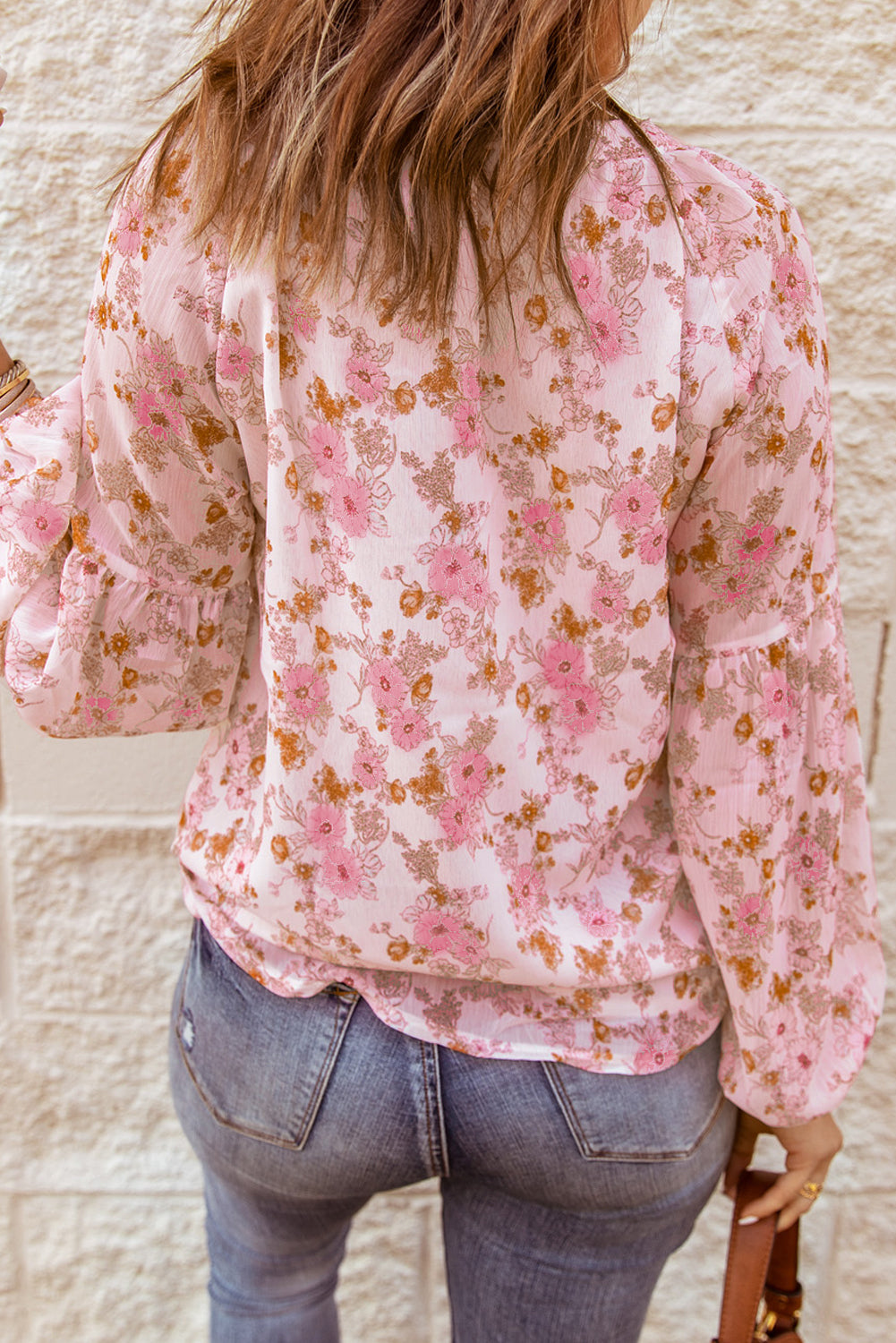 White Floral Print V Neck Long Puff Sleeve Top - LA Grand