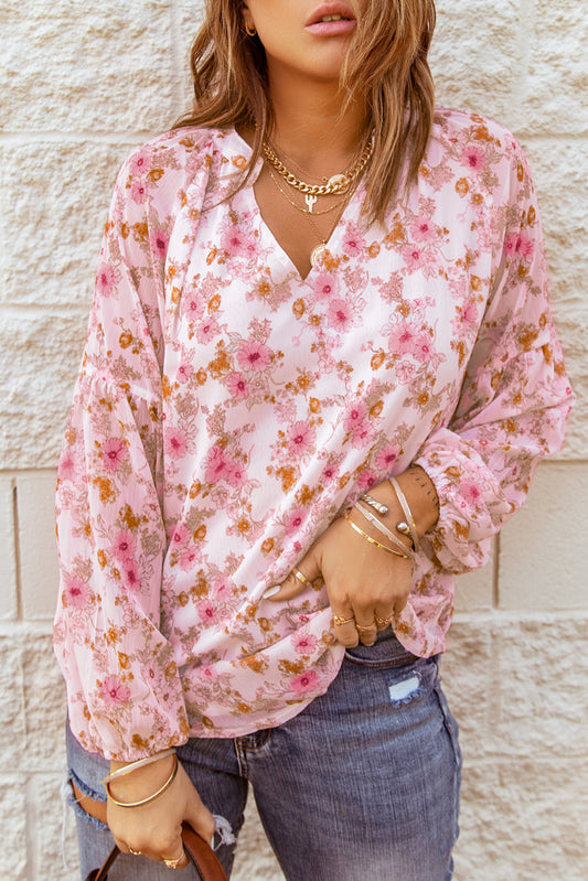 White Floral Print V Neck Long Puff Sleeve Top - LA Grand