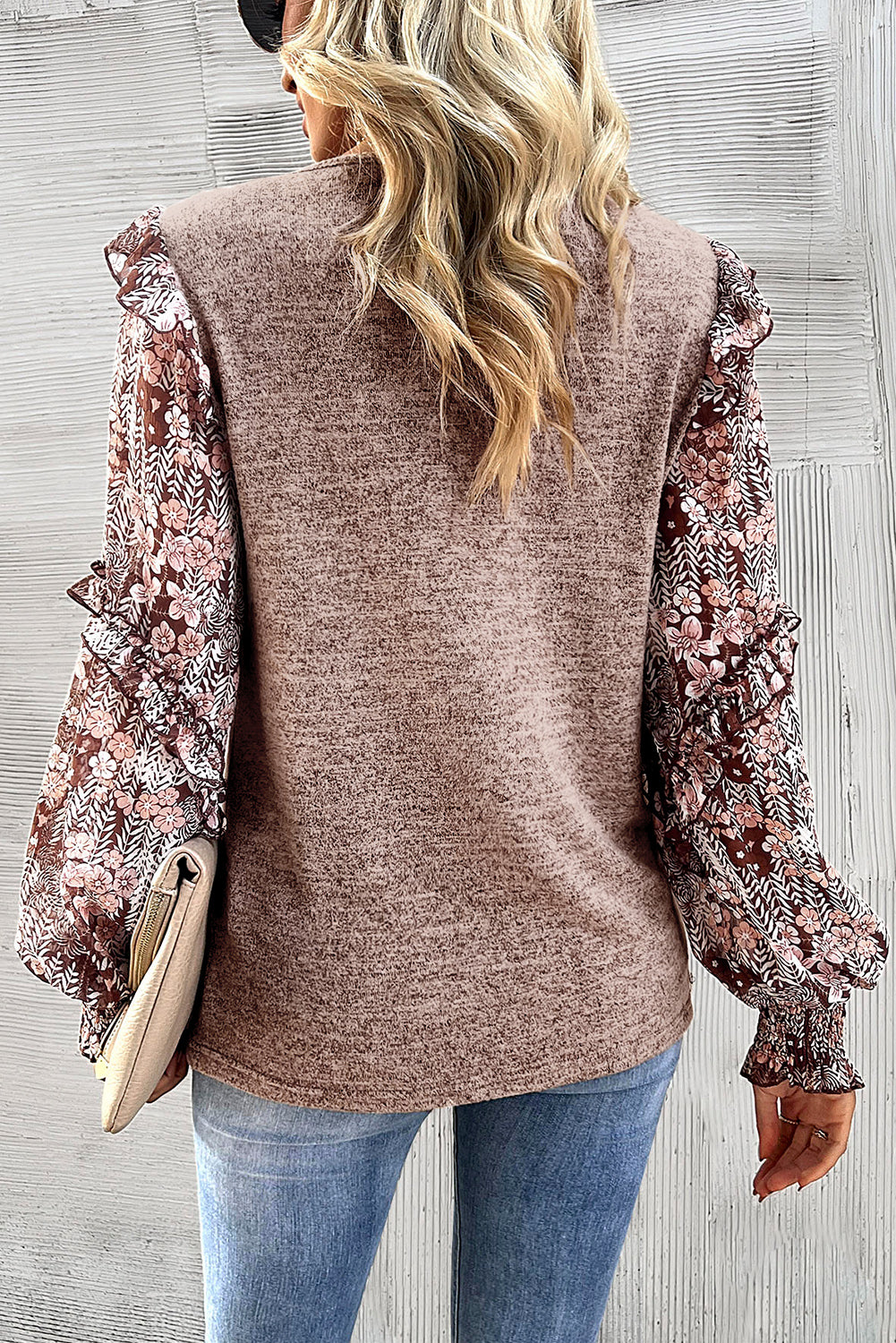 Pale Chestnut Ruffle Tiered Floral Sleeve Crew Neck Blouse - LA Grand