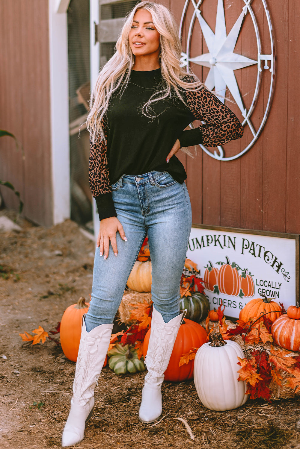 Apricot Leopard Print Long Sleeve Ribbed Knit Blouse - LA Grand