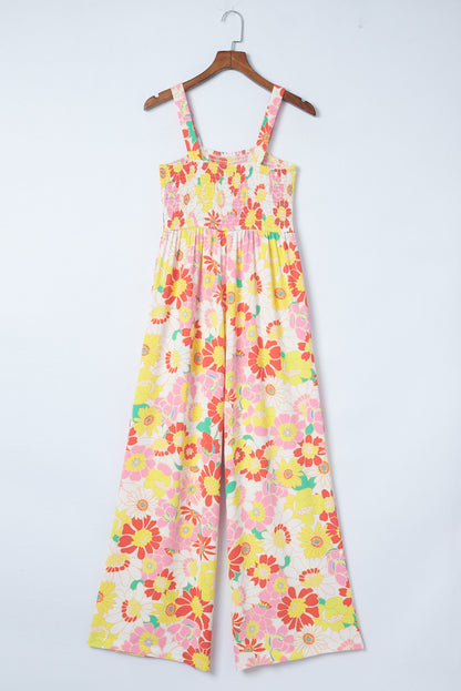 Multicolor Floral Print Shirred Sleeveless Wide Leg Jumpsuit - LA Grand