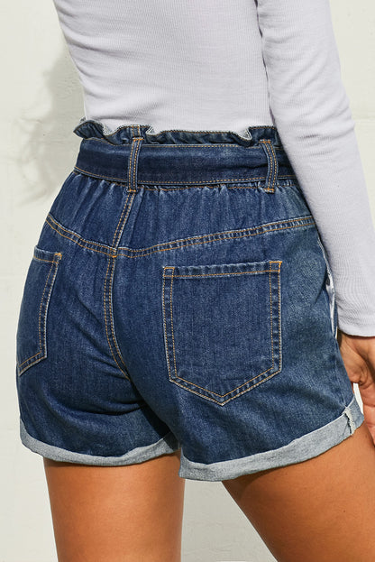 Light Blue Paper Bag Waist Denim Shorts - LA Grand