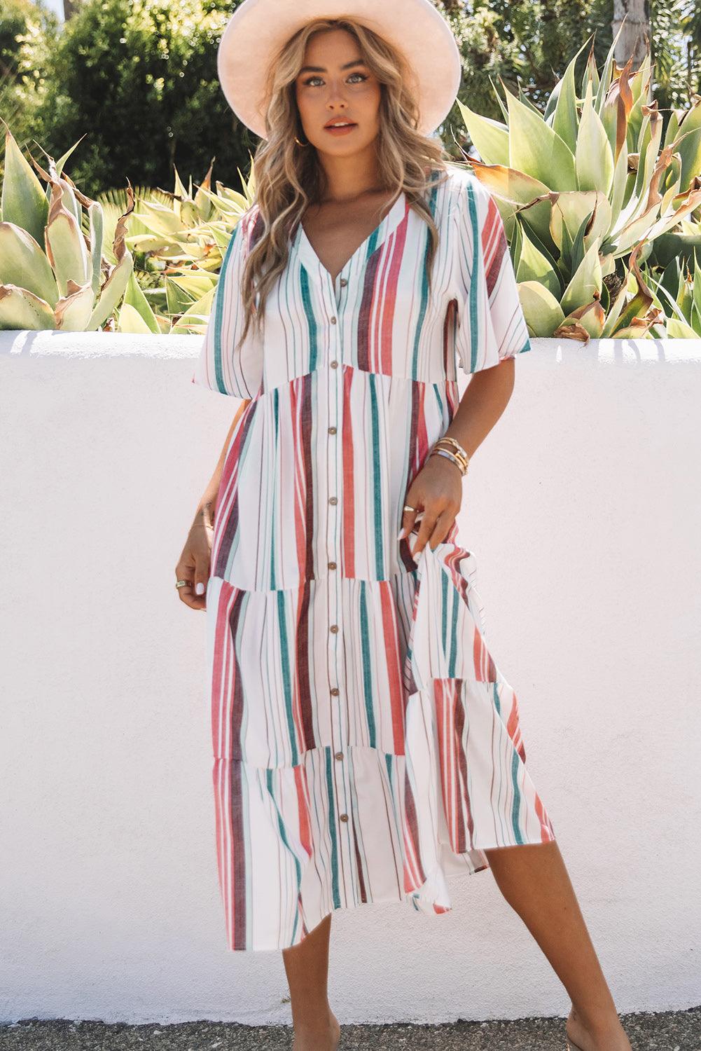 Chic Striped V-Neck Dress - LA Grand