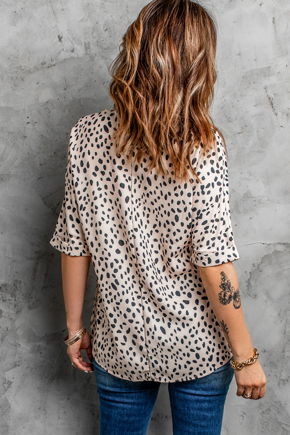 Apricot Animal Print V-neck Rolled Sleeve Tunic Top - LA Grand