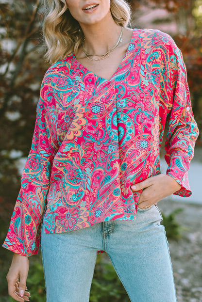 Rose Red Paisley Print Tab Sleeve V-Neck Blouse - LA Grand