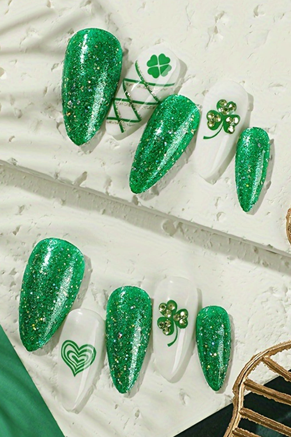 Blackish Green Almond Clover Rhinestone Glitter Fake Nails - LA Grand