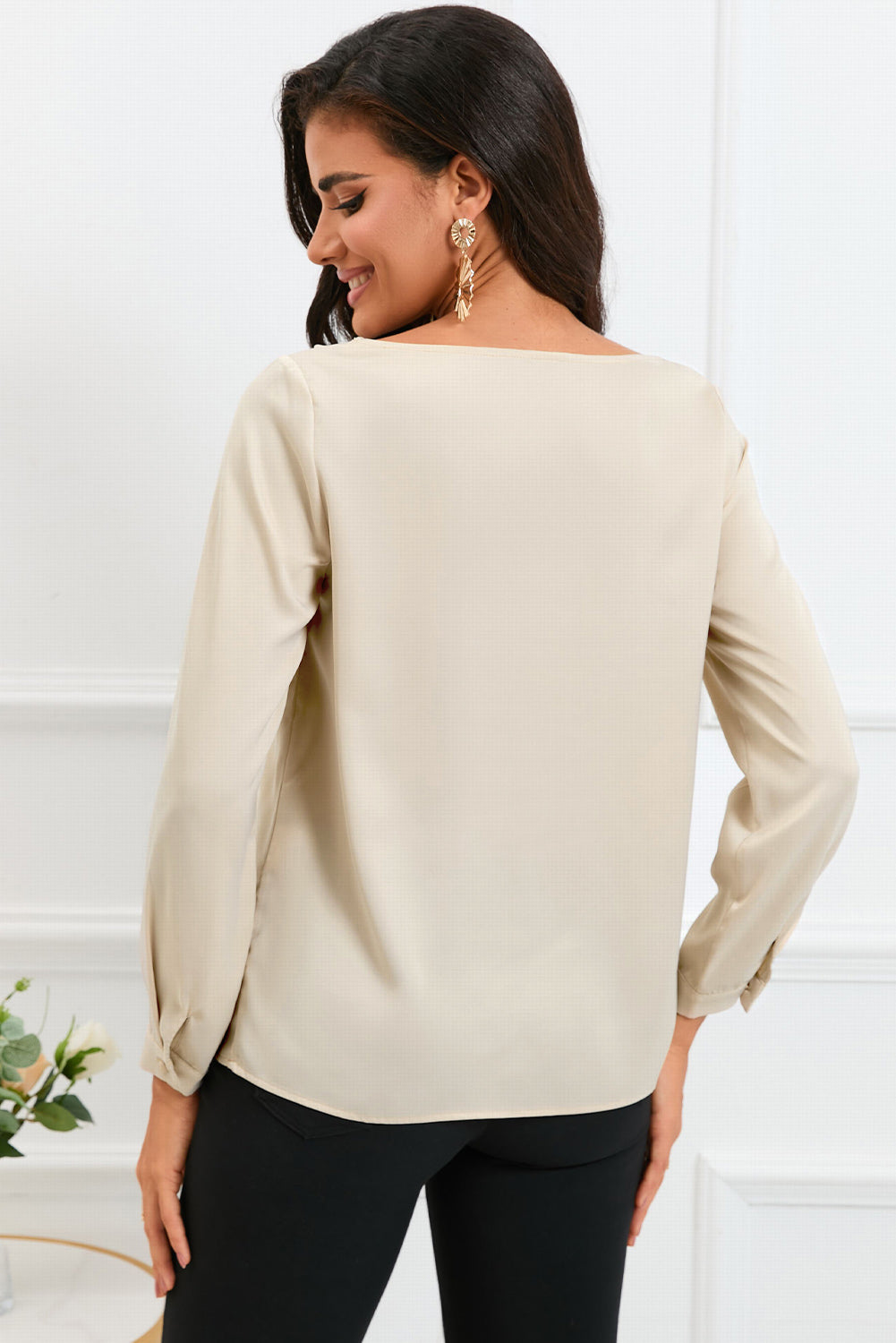 Apricot Solid Asymmetric V Neck Long Sleeve Satin Blouse - LA Grand