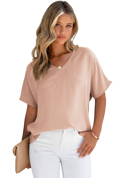 Pink Solid V Neck Short Sleeve Blouse - LA Grand