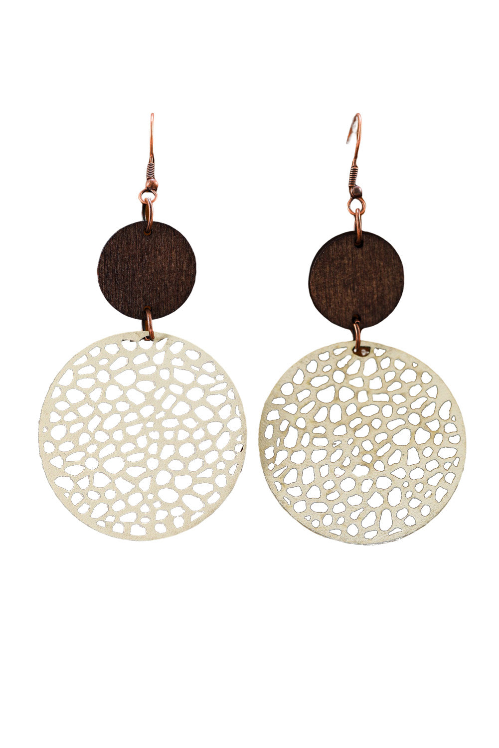 Beige Hollow Out Wooden Round Drop Earrings - LA Grand