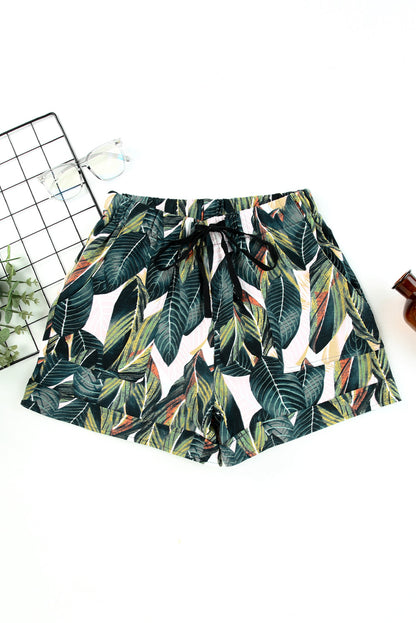 Green Leaves Print Drawstring Casual Elastic Waist Pocketed Shorts - LA Grand