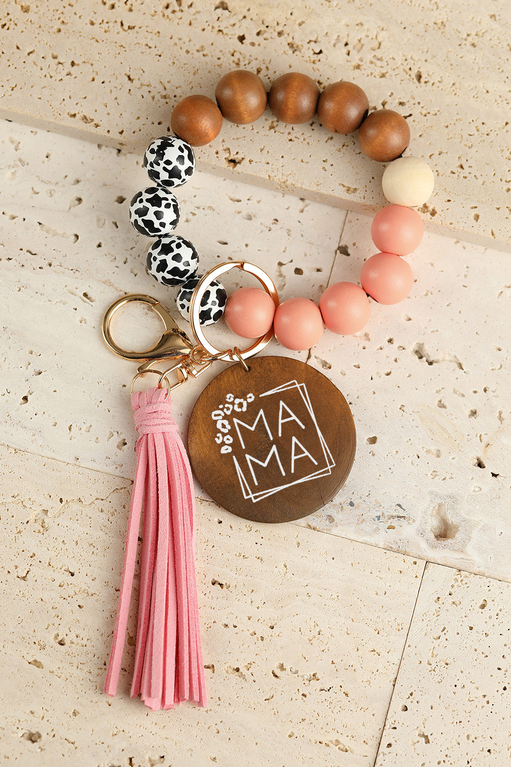 Pink MAMA Wood Pendant Leopard Fringe Keychain - LA Grand