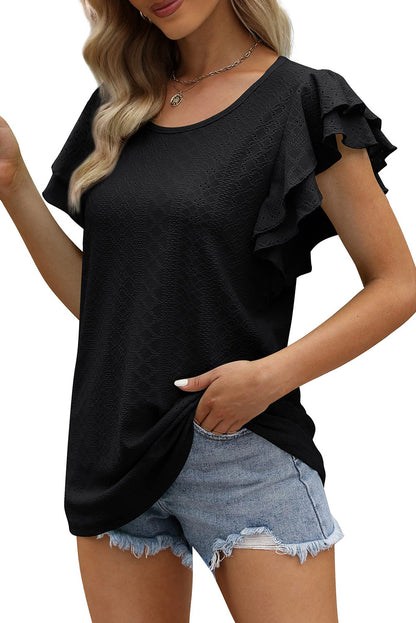 Black Rhombus Textured Ruffle Short Sleeve Blouse - LA Grand