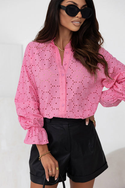 Pink Hollow Out Embroidered Floral Shirt - LA Grand