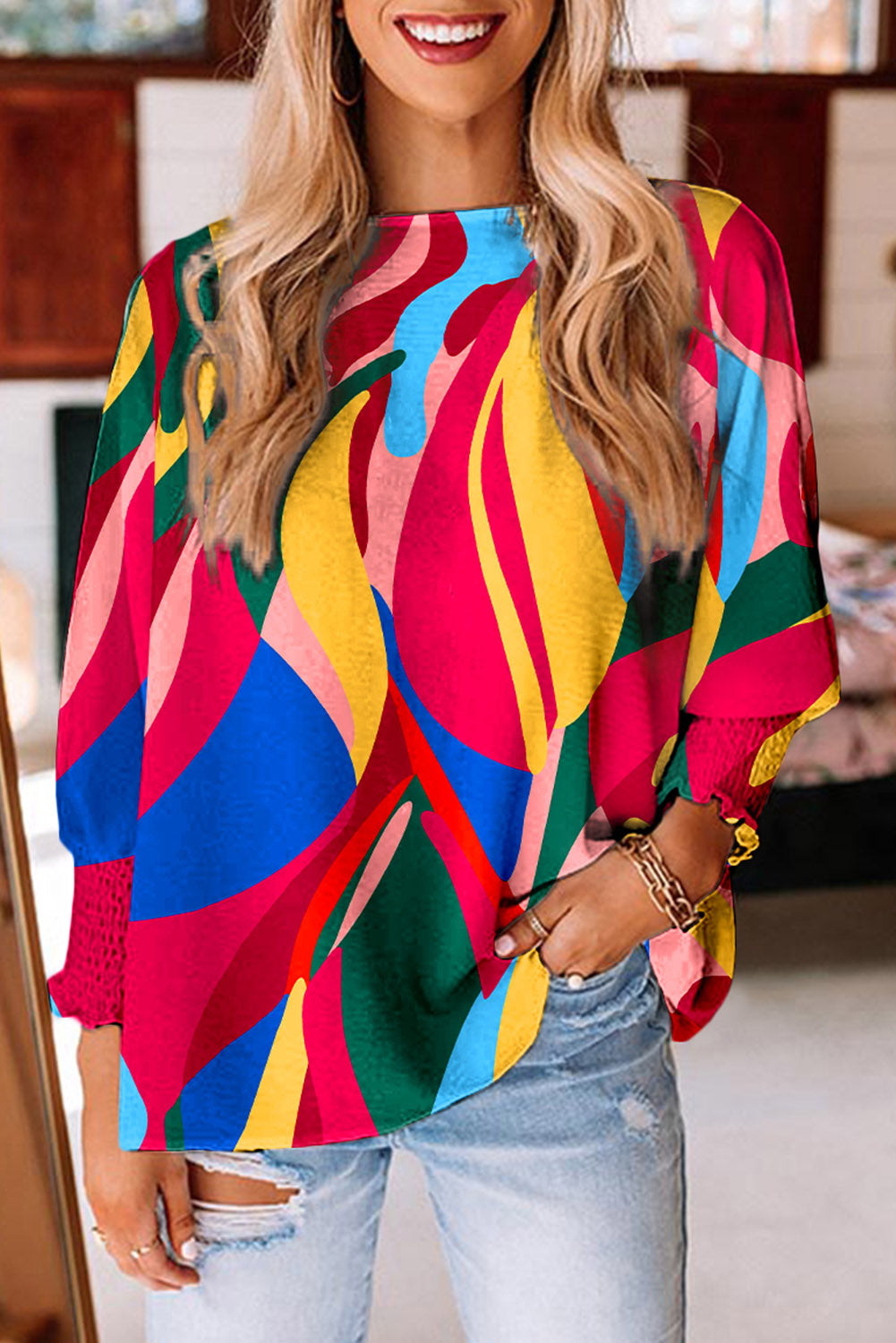 Multicolor Abstract Print Smocked Puff Sleeve Blouse - LA Grand