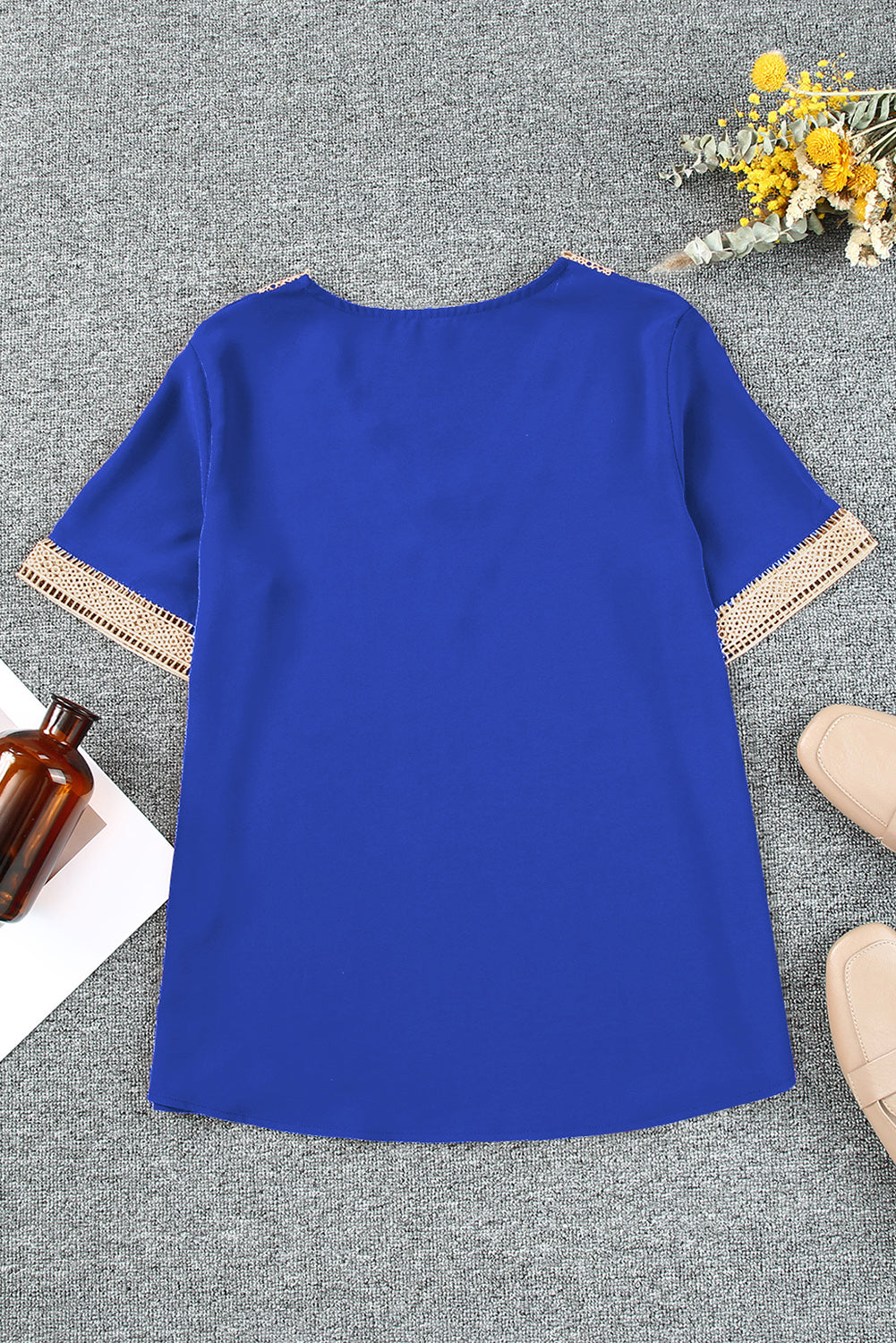 Blue Lace Trim V Neck Short Sleeve Blouse - LA Grand