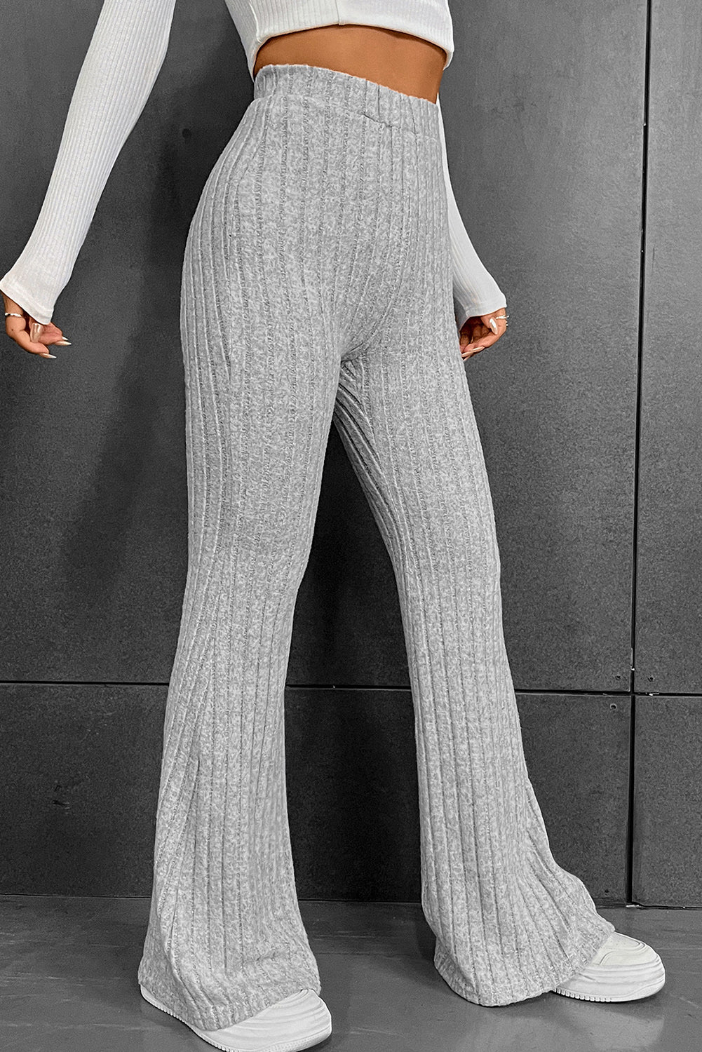 Gray Solid Color High Waist Ribbed Flare Pants - LA Grand