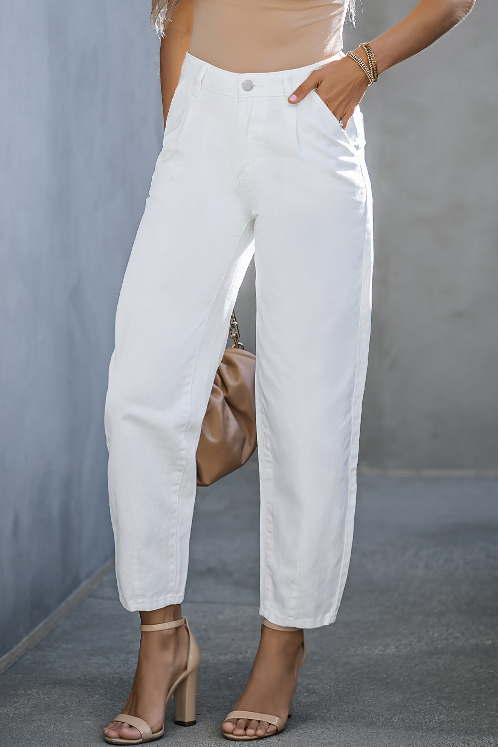 Khaki Solid High Waist Casual Pants - LA Grand