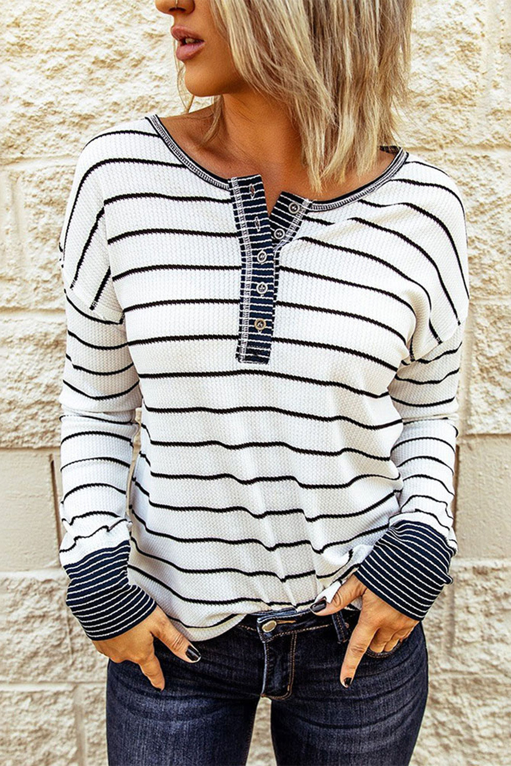 Striped Color Block Buttoned Waffle Knit Shirt - LA Grand