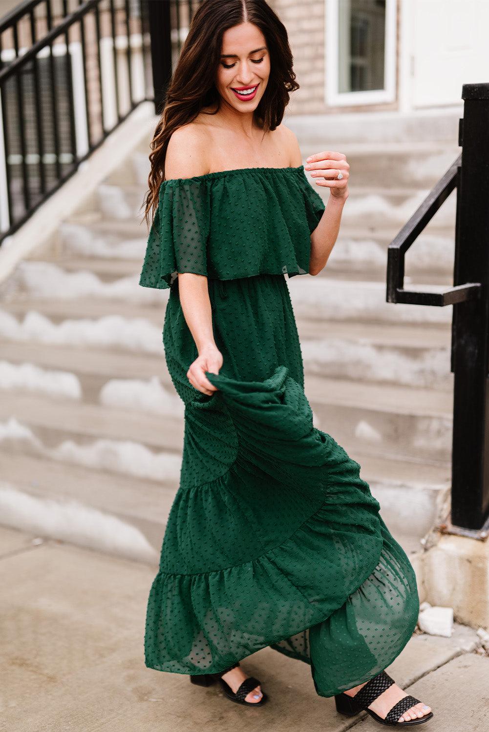 Verde Sunshine Off-Shoulder Swiss Dot Maxi Dress - LA Grand