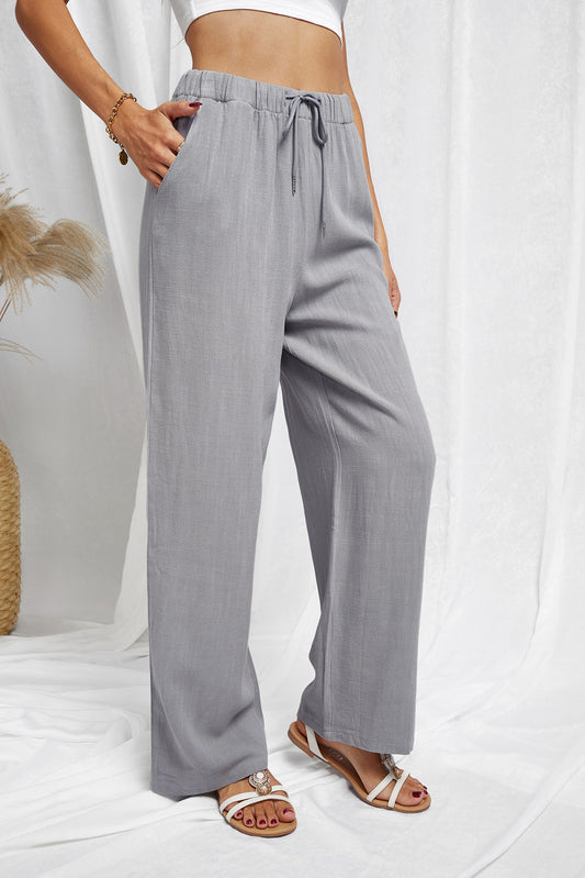 Gray High Waist Drawstring Wide Legs Casual Pants - LA Grand