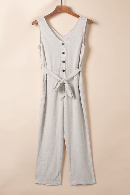 Black V Neck Button Belted Jumpsuit with Pockets - LA Grand