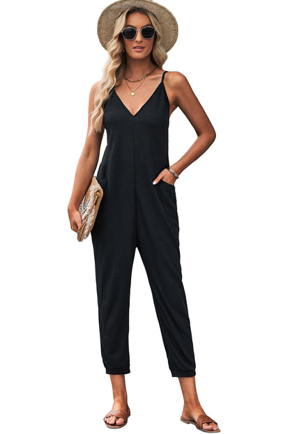 Blue Textured Sleeveless V-Neck Pocketed Casual Jumpsuit - LA Grand