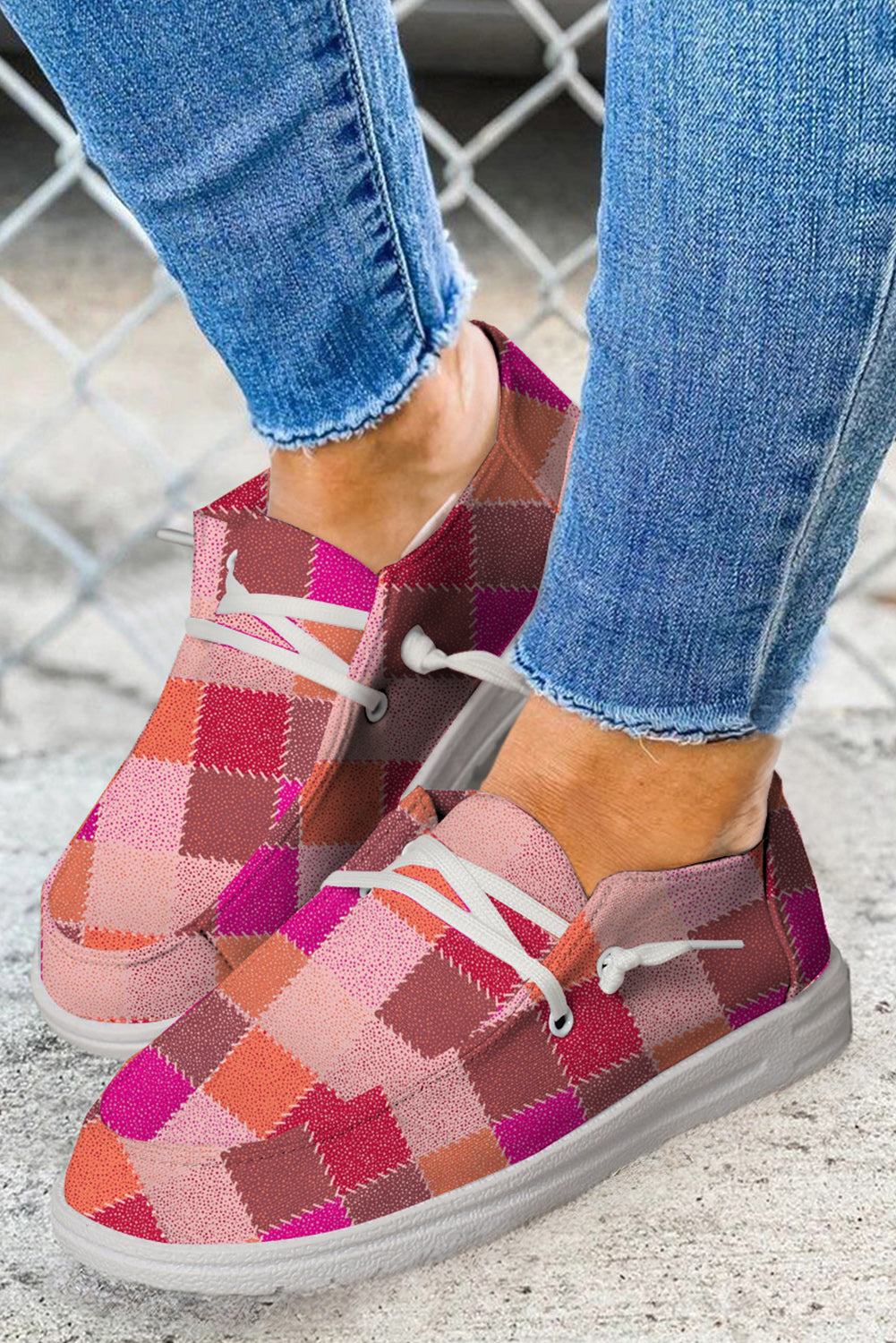 Red Plaid Print Criss Cross Slip On Canvas Shoes - LA Grand