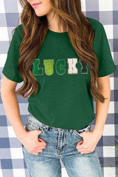 Green LUCKY Glitter Chenille Patched Crew Neck T Shirt - LA Grand